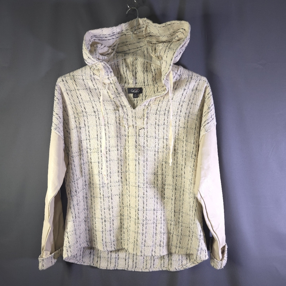 GiGiO Tweed and Faux Leather Hooded Pullover Sweater Cream Size Medium Oversized
